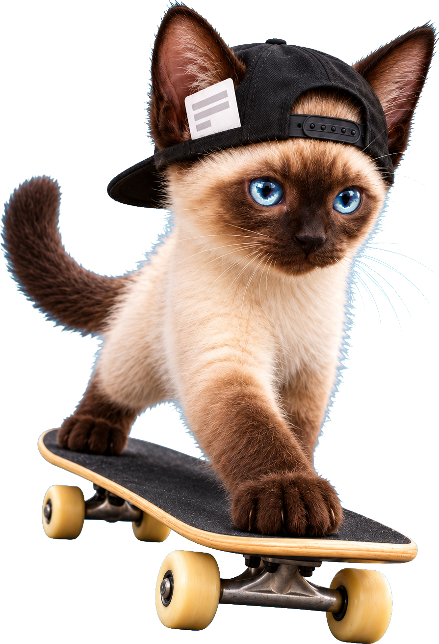 CatonBoardingPass cruises along on a skateboard, a single white boarding pass tucked into the side band of its backward black cap.